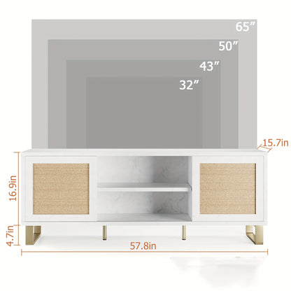 Tv Meubel – TV Kast – TV Meubelkast – TV Dressoir – Entertainment Center – Wit Met Rattan – Geschikt Voor TV Tot 165 cm – Verstelbare Planken