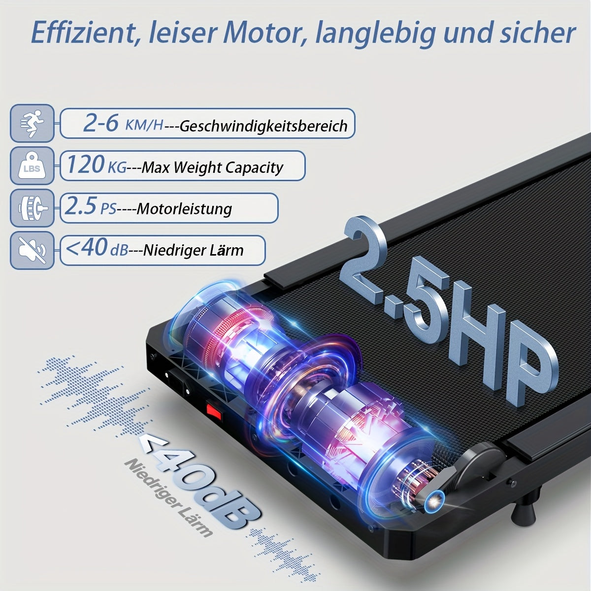 2.5HP Super Quiet Brushless Motorized Under Desk Treadmill For Home And Office, Portable Small Walking Pad For Jogging And Running, 2-6KM/h, Space-Saving Design, Easy Assembly, And Low Noise Operation, Without Battery