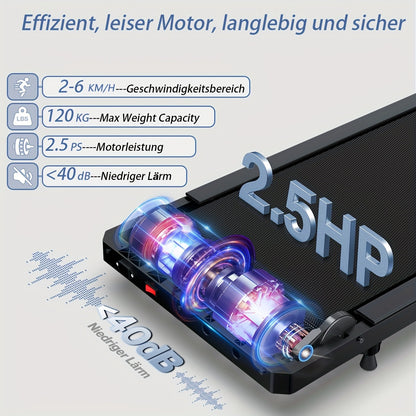2.5HP Super Quiet Brushless Motorized Under Desk Treadmill For Home And Office, Portable Small Walking Pad For Jogging And Running, 2-6KM/h, Space-Saving Design, Easy Assembly, And Low Noise Operation, Without Battery
