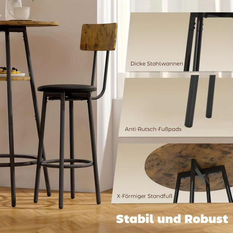 Barset – Barkrukken – Barstoelen – Barkruk Set – Bartafel Set – Bruin – Kunstleer Zitting – Stabiel Metalen Frame