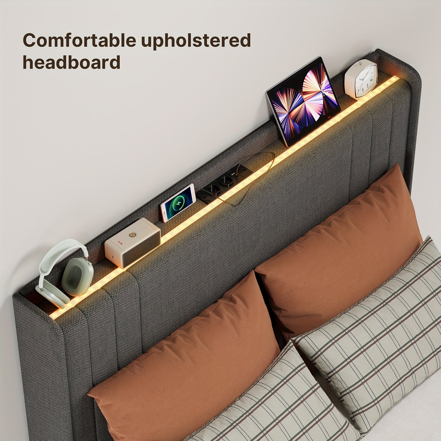Tweepersoonsbed – Bedframe – Slaapbank – Opbergbed – Hoogslaper – 120x200 cm – Stijlvol Beige – Met Opbergruimte Hoofdbord – Stevig Hout-Metaal Frame