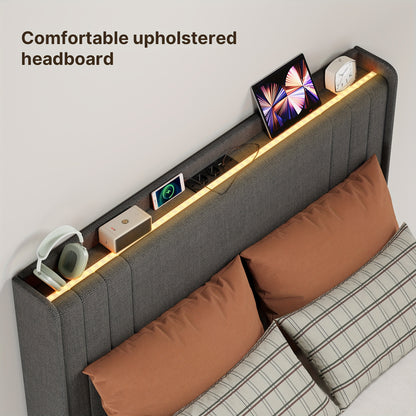 Tweepersoonsbed – Bedframe – Slaapbank – Opbergbed – Hoogslaper – 120x200 cm – Stijlvol Beige – Met Opbergruimte Hoofdbord – Stevig Hout-Metaal Frame