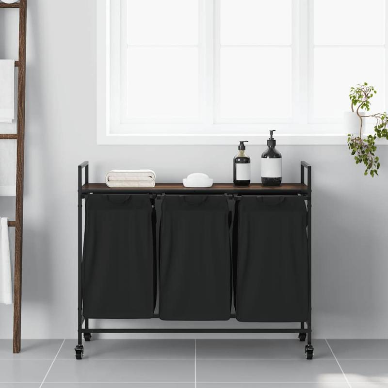 Wasmand – Wassorteerder – Wasbox – Opbergmand – Wasbak – 3 Vakken – Wieltjes – Stevig Bruin Eikenhout Frame – Duurzame Stof