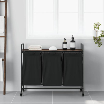 Wasmand – Wassorteerder – Wasbox – Opbergmand – Wasbak – 3 Vakken – Wieltjes – Stevig Bruin Eikenhout Frame – Duurzame Stof