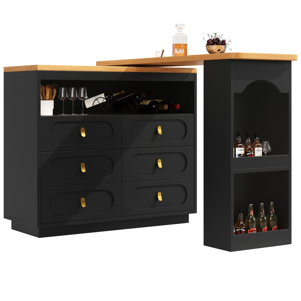 Extendable Bar Table with 360° Rotating Base & Storage Shelf - Heavy-Duty Metal Modern Black Adjustable Length 138-203cm (55"-80") - Space-Saving Expandable Kitchen Island, Home Office Desk, Dining Table for Small Spaces - E