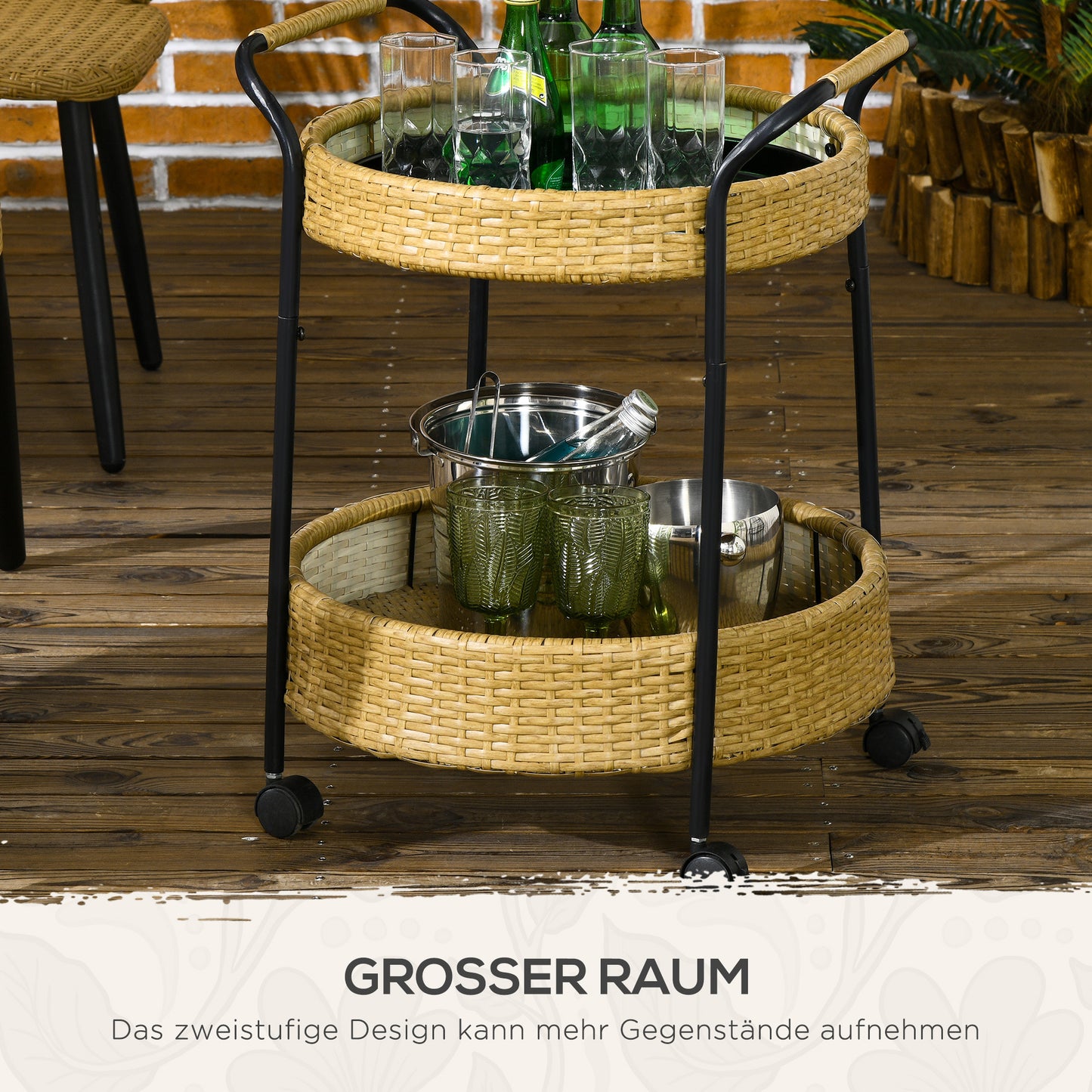 Serveertrolley – Serveerwagen – Barwagen – Trolley – Geel – 2-laags met wieltjes en remmen – Weerbestendig poly rattan met metalen frame