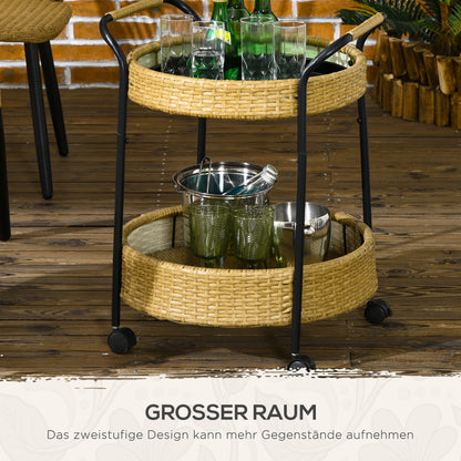 Serveertrolley – Serveerwagen – Barwagen – Trolley – Geel – 2-laags met wieltjes en remmen – Weerbestendig poly rattan met metalen frame