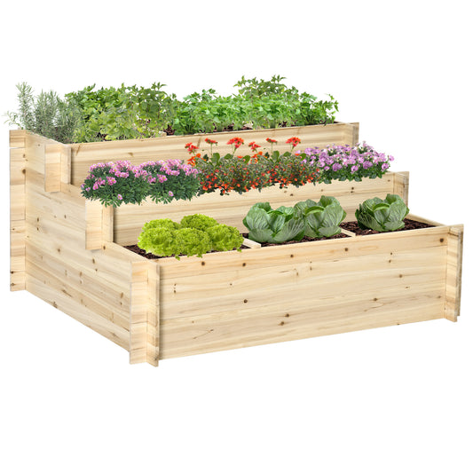 Tuinbak – Plantenbak – Kweekbak – Plantentafel – Vierkante Bloembak – 3 Lagen Met 9 Compartimenten – Gemaakt Van Weerbestendig Vurenhout En Ademend Non-Woven Stof – 117x100x54 cm – Natuurlijk Hout
