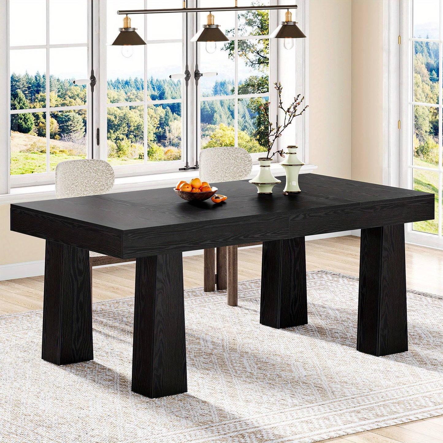 Modern Industrieel Eettafel – Keukentafel – Eettafel Rechthoekig – Tafel Met Poten – Grote Eettafel – 63 Inch – Stabiele Constructie Van Hout – Zwart Met Natuurlijke Houtnerf