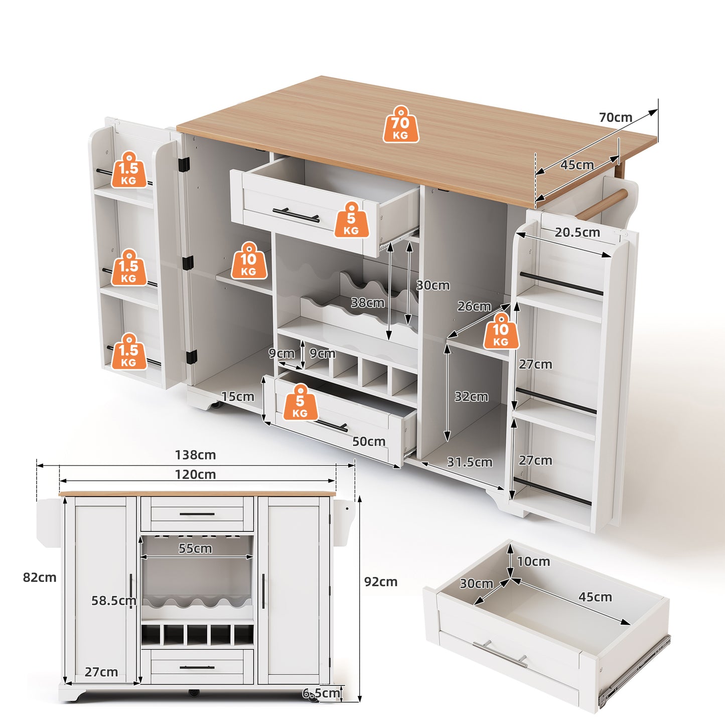 Keukentrolley – Keukenkast – Serveerwagen – Keukenwagen – Opbergtrolley – Uitklapbaar Werkblad – 138x45(70)x92 cm – Melamine Hout & Metaal