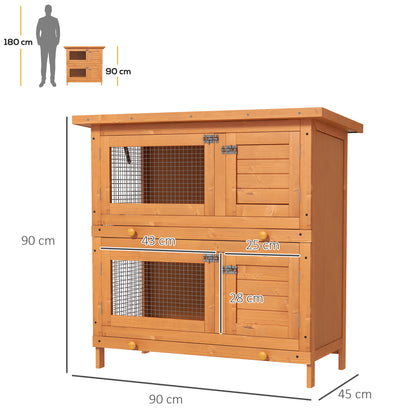 Konijnenhok – Knaagdierverblijf – Kleine dierenkooi – Buitenhok – Vurenhouten hok met dak – 2 Verdiepingen – 4 Slotdeuren – Uitschuifbare Ladebakken – Afmetingen 90x45x90 cm