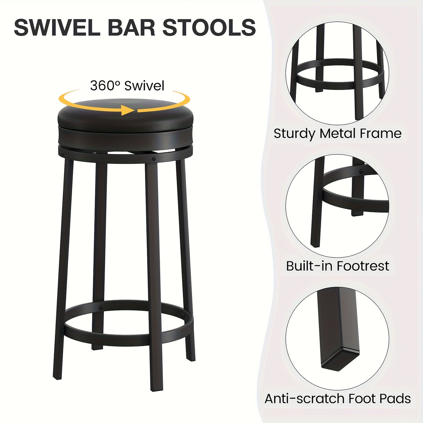 Barstoel – Barkruk – Barstoel Kruk – Barstoel Met Rugleuning – Barkruk Set – 4 Stuks – 360° Draaibaar – Verstelbare Voetensteun – Zithoogte 60,96 cm – Zwart PU-leer – Metalen Frame