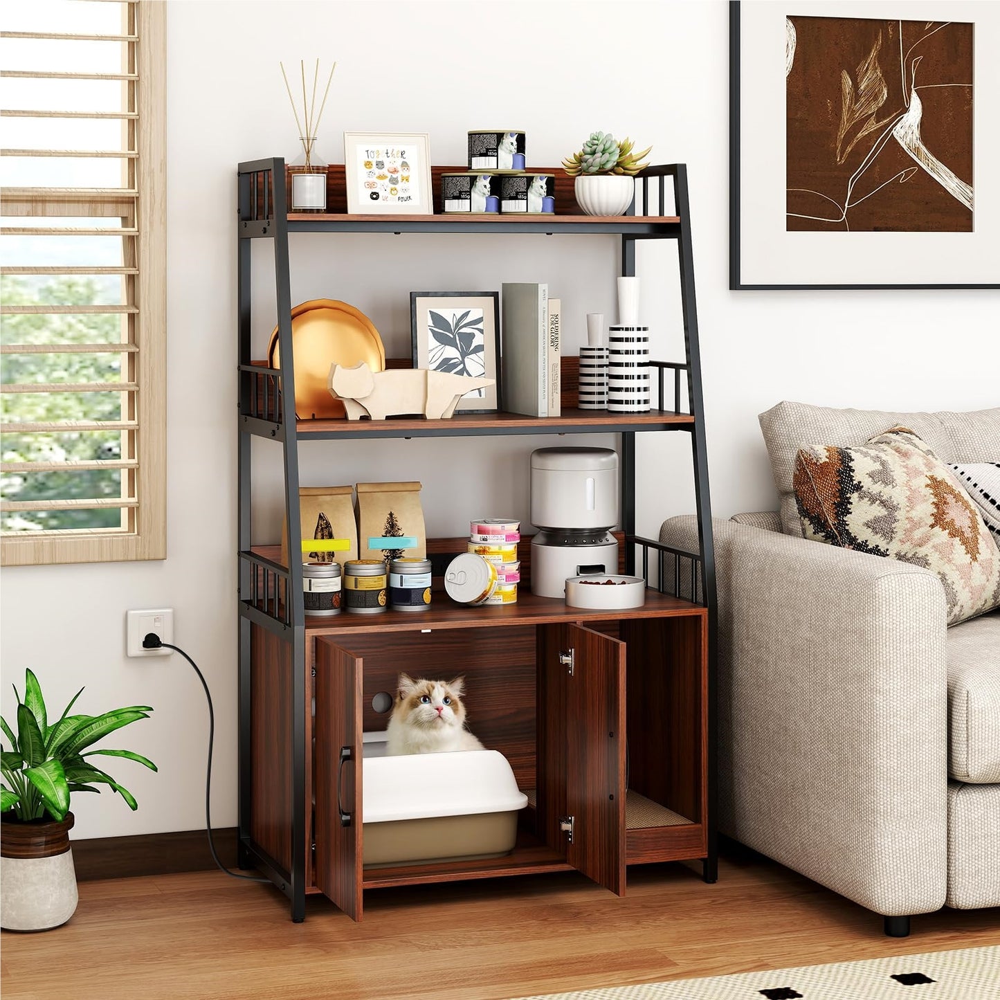 Kattenkast – Kattenhuis – Kattenmeubel – Kattenbakkast – Kattentoilet – Walnootkleur – Geïntegreerd Oplaadstation – Ventilatie Tegen Geurtjes