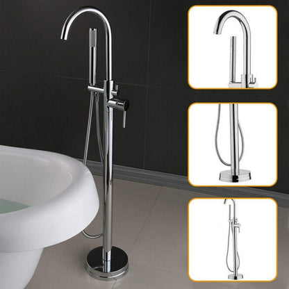 Badkraan – Vrijstaande Badkraan – Badmengkraan – Douchekraan – Badkuipkraan – Chroomgekleurd Messing – Vloerbevestiging – Met Handdouche – Instelbare Hoogte 118 cm
