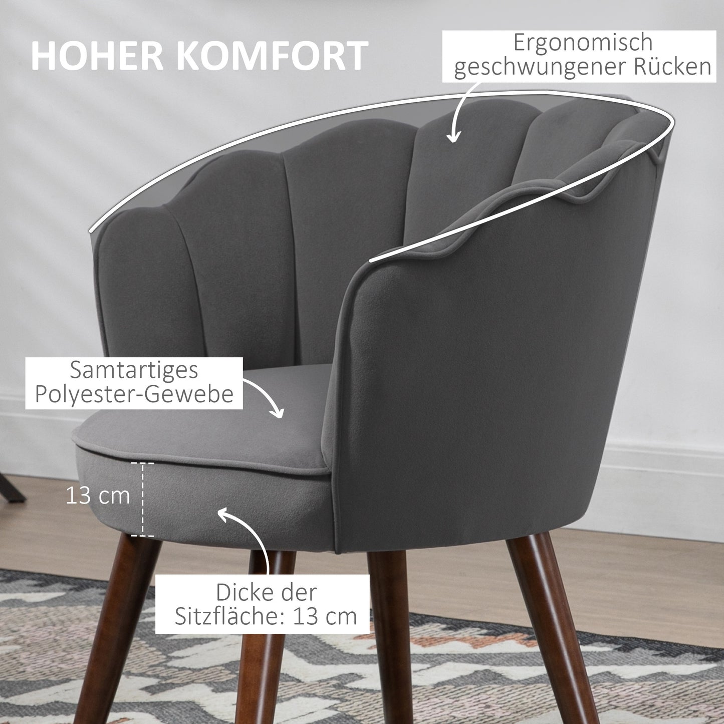 Lounge Stoel – Fauteuil – Relaxstoel – Leunstoel – Leesstoel – Donkergrijs – Fluweelachtig Stof – Schelpvorm Met Houten Poten