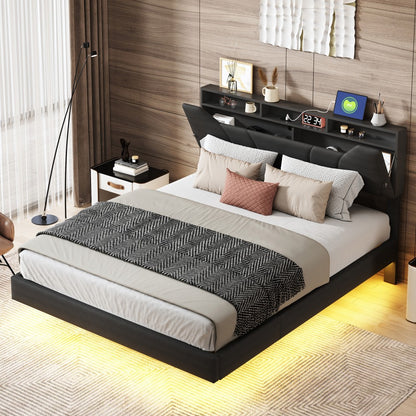 Opbergbed – Gestoffeerd Bed – Tweepersoonsbed – Hydraulisch Opbergbed – Slaapbank – 140x200 cm – Met USB Oplaadfunctie – LED Verlichting