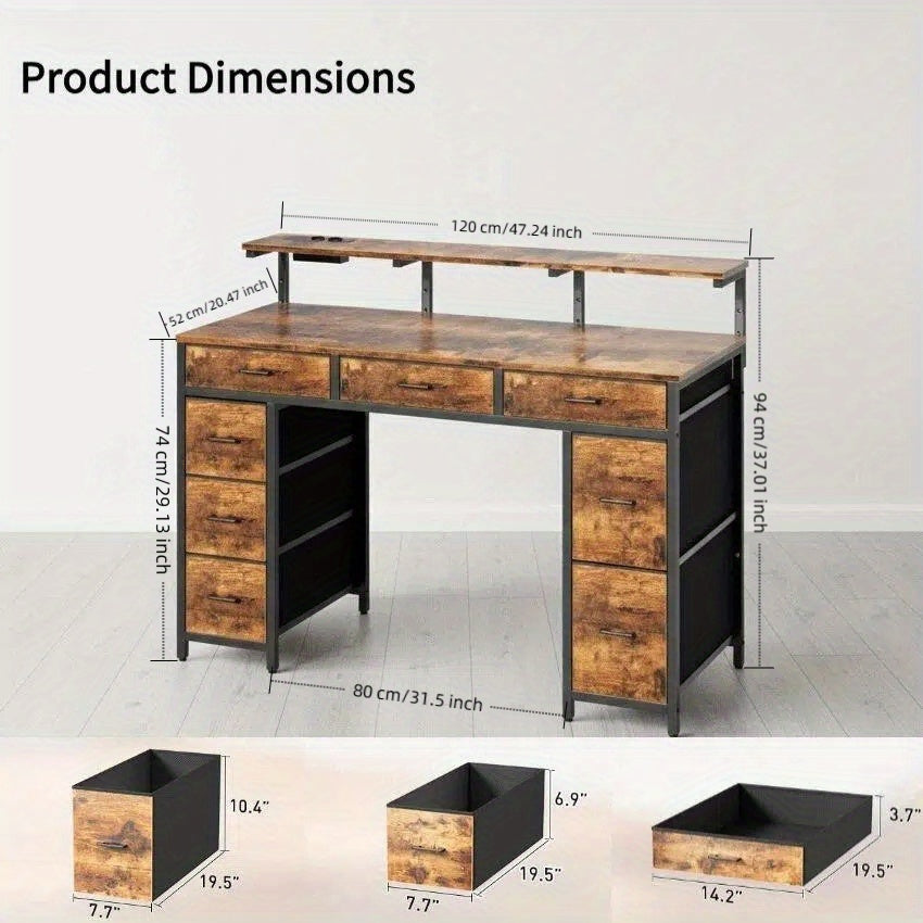 Bureau – Schrijftafel – Computerbureau – Werkplekmeubel – Gaming Desk – 47 Inch Ruim Werkblad – 8 Lades Met Stopcontacten (EU) – Verstelbare Monitorstandaard – Zwart