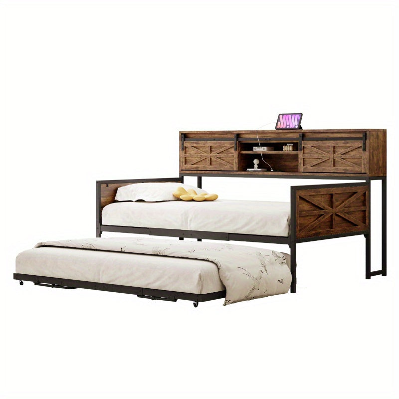 Slaapbank – Bedbank – Bankbed – Uitklapbank – 2-in-1 Sofa Bed – Zwart-Bruin – Met Opbergruimte Onder Zitting – Robuust Metaal-Hout Frame – Direct Gebruiksklaar Zonder Montage