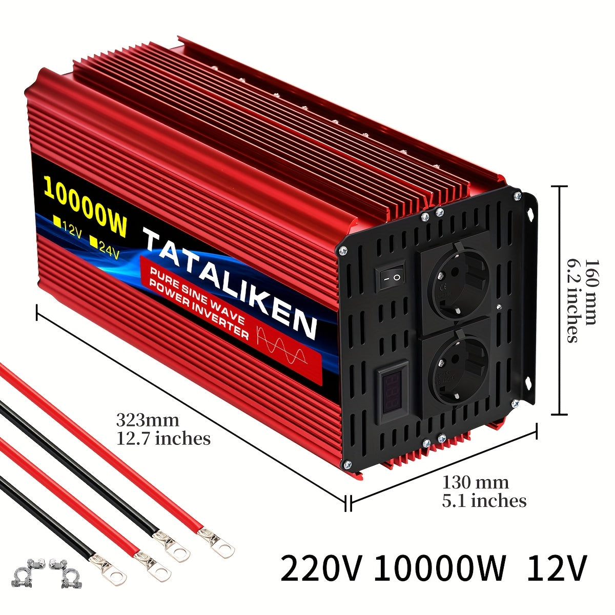 Spanningsomvormer – Omvormer – Inverter – Stroomomzetter – Converter – 12V Naar 220V – 10000W Piekvermogen – 4000W Continu Vermogen – Draagbaar & Duurzaam – Europese Standaard Stopcontact