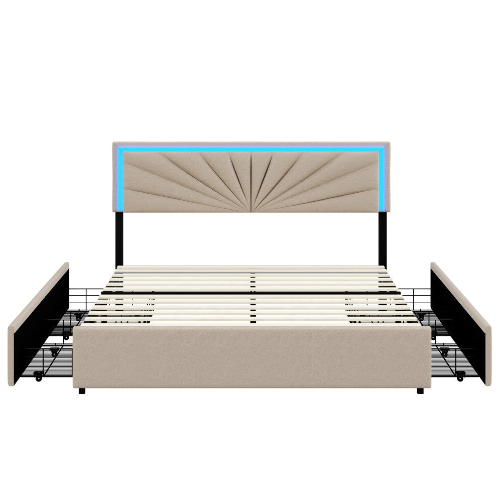 Gestoffeerd Bed – Tweepersoonsbed – Slaapbank – Led Bed – Opbergbed – 160x200 cm – Ingebouwde LED-verlichting – 4 Grote Lades – Beige
