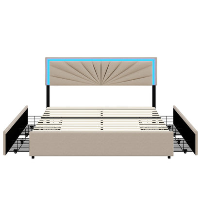 Gestoffeerd Bed – Tweepersoonsbed – Slaapbank – Led Bed – Opbergbed – 160x200 cm – Ingebouwde LED-verlichting – 4 Grote Lades – Beige