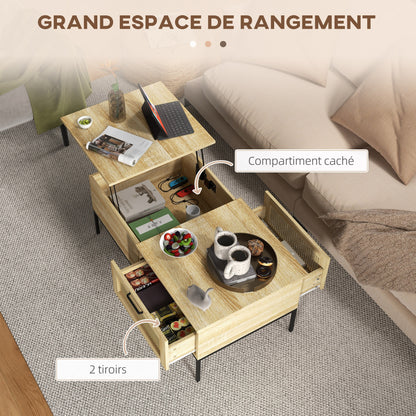 Salontafel – Koffietafel – Woonkamertafel – Bijzettafel – Tafelblad Met Verhoger – 2 Grote Lades – Stalen Poten – 106 x 56,3 x 48 cm – Natuurlijke Houtlook