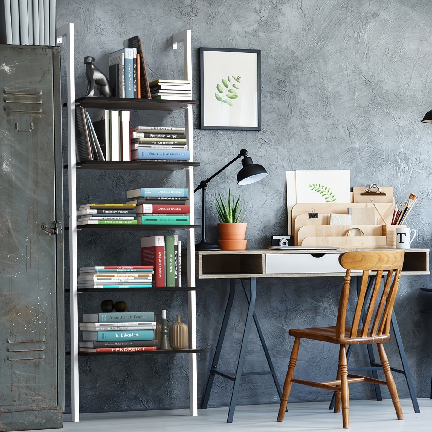 Boekenkast – Ladderkast – Boekenrek – Opbergkast – Wandrek – 5 Planken – Metalen Frame – Wit – 61x30x183 cm – Wandmontage