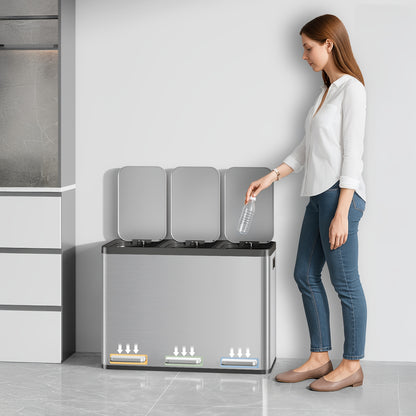 Afvalemmer Keuken – Prullenbak – Vuilnisbak – Afvalbak – Afvalcontainer – RVS 3-Vak 45L – Handsfree Voetpedaal – Stil Dempingssysteem