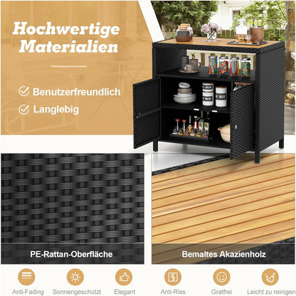 Tuinkast Rattan Kast Buitenberging Opbergkast Tuinmeubel – Zwart – 90x53x86 cm – Acaciahouten Werkblad – Weerbestendig Metalen Frame