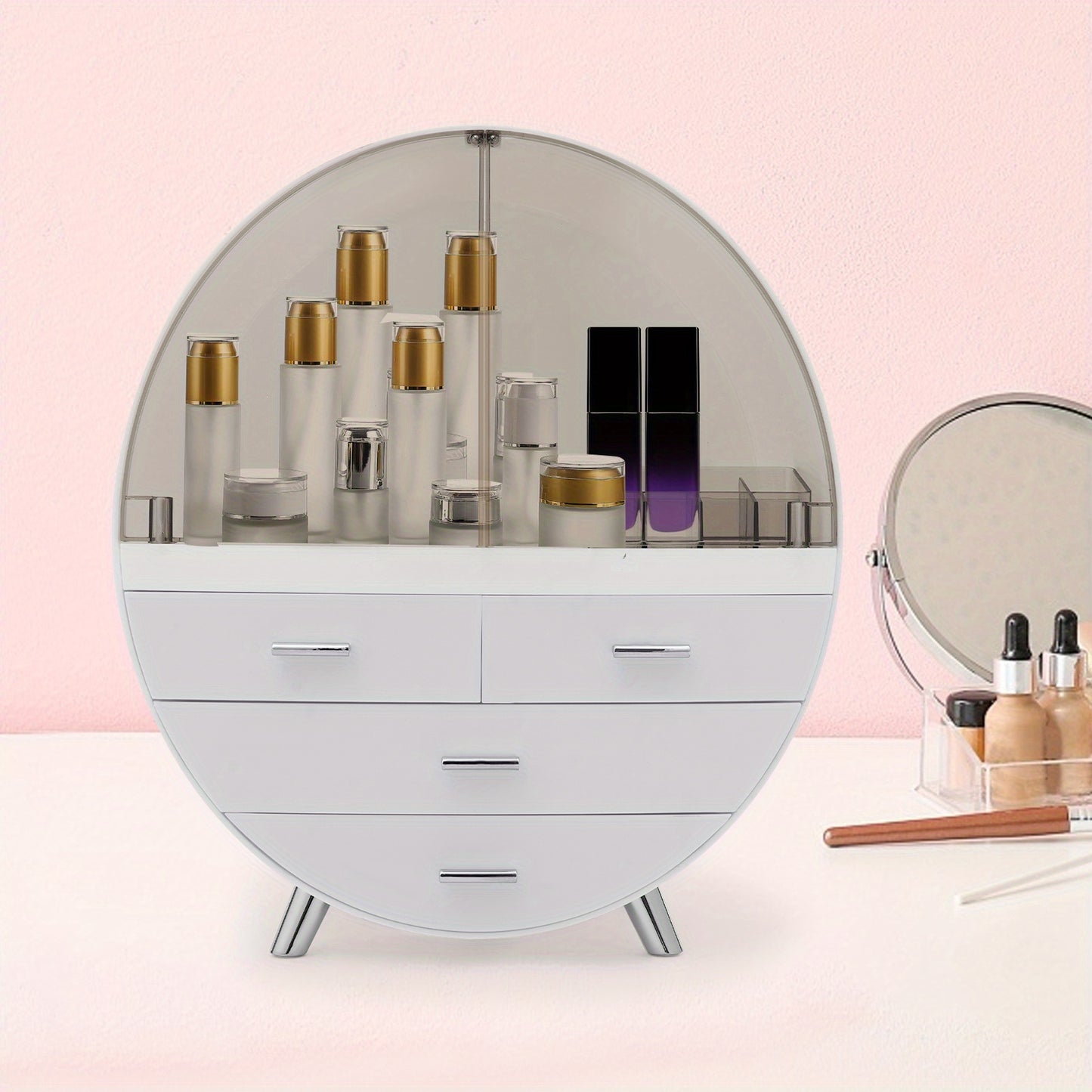 Cosmetica Organizer – Make-up Opberger – Beauty Organizer – Make-uptafel Organizer – Verzorgingsproducten Opbergdoos – 4 Lagen Met Lades – Duurzaam HIPS Materiaal – Modern Grijs-Wit Design