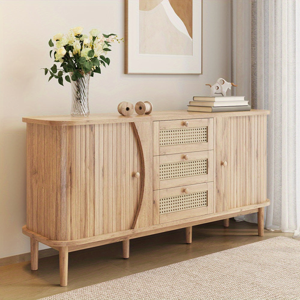Modern Farmhouse Sideboard Cabinet with Sliding Doors - Natural Beige & Brown Storage Furniture, Adjustable Shelves, Entryway, Living Room, Dining Room Organizer - Easy Assembly Required, Entryway Furniture, Contemporary Desi