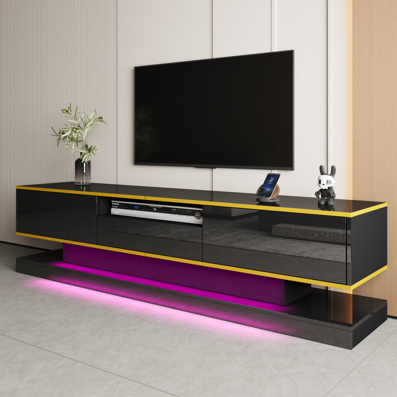 Modern Tv-meubel – Tv-kast – Entertainmentmeubel – Opbergmeubel – Woonkamermeubel – Zwart Hoogglans Met Gouden Accenten – 3 Laden + Open Vak Met Kleurveranderende LED – Ruimtebesparend 180x38x45 cm