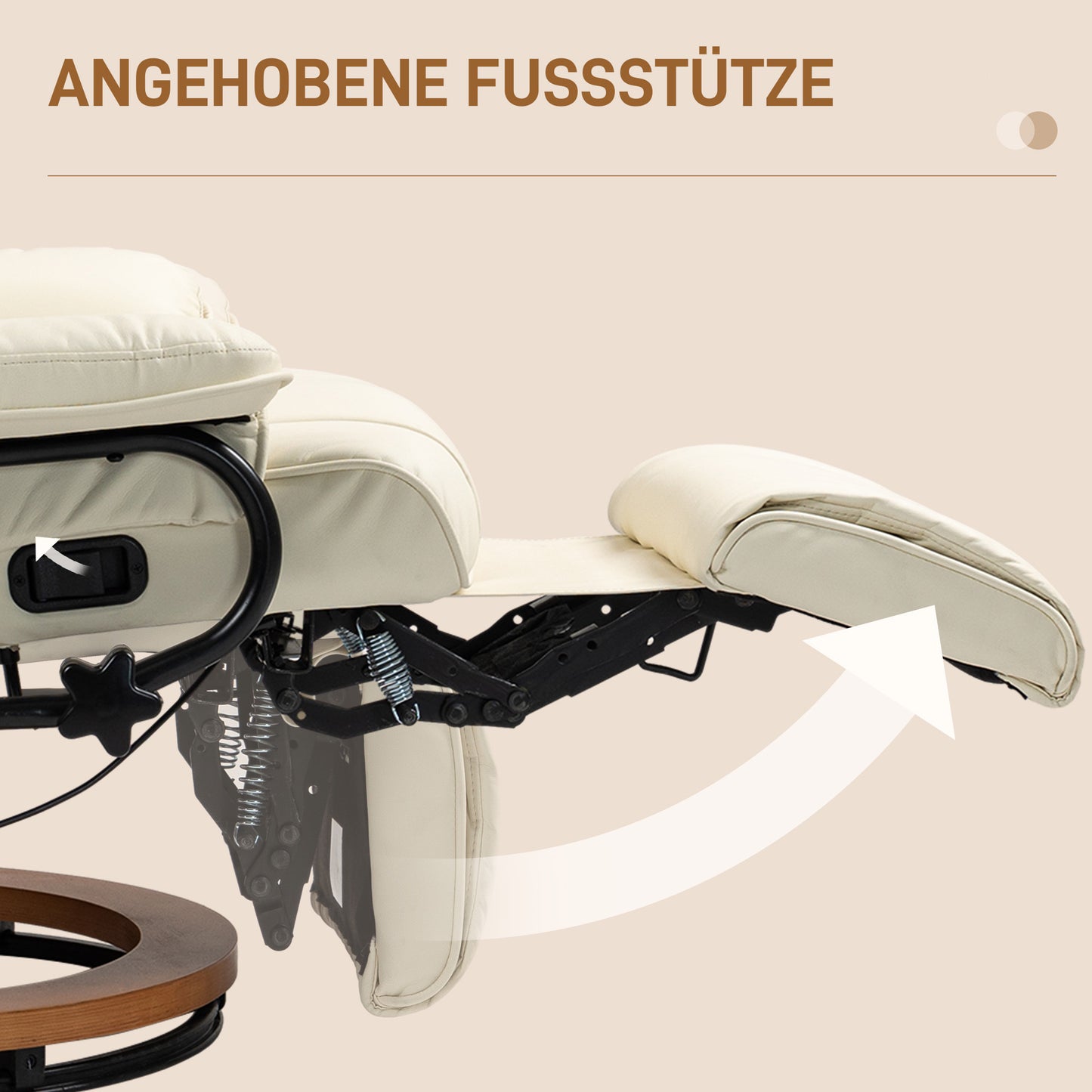Relaxfauteuil – Relaxstoel – Leunstoel – Loungefauteuil – Draaifauteuil – Verstelbare Rugleuning – Kunstleren Bekleding – Stevig Stalen Frame – Creamwit