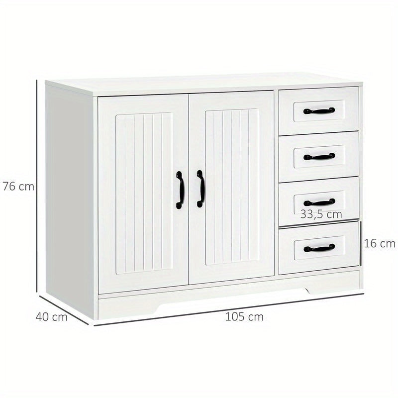 Modern White Sideboard Cabinet with 4 Drawers & Storage Door - Heavy-Duty Hardwood Construction, Contemporary Minimalist Design with Black Knobs, Space-Saving Vertical Storage for Living Room, Hallway, Small Spaces - Easy Ass