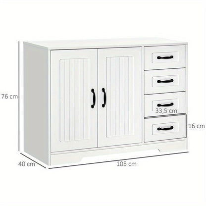 Modern White Sideboard Cabinet with 4 Drawers & Storage Door - Heavy-Duty Hardwood Construction, Contemporary Minimalist Design with Black Knobs, Space-Saving Vertical Storage for Living Room, Hallway, Small Spaces - Easy Ass