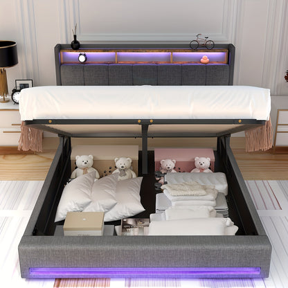 Tweepersoonsbed Frame 160x200 cm met Onderbed Opbergruimte – Modern Platformbed met USB LED, Verstelbare Hoogte (26 cm), Grijs Gestoffeerd Hoofdeinde & Voetbord