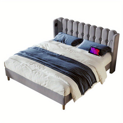 Tweepersoons Bed – Stalen Bedframe – Stoffen Bed – Platformbed – Slaapbank – Vooraf Gemonteerd – 140x200 cm – Fluwelen Hoofdbord