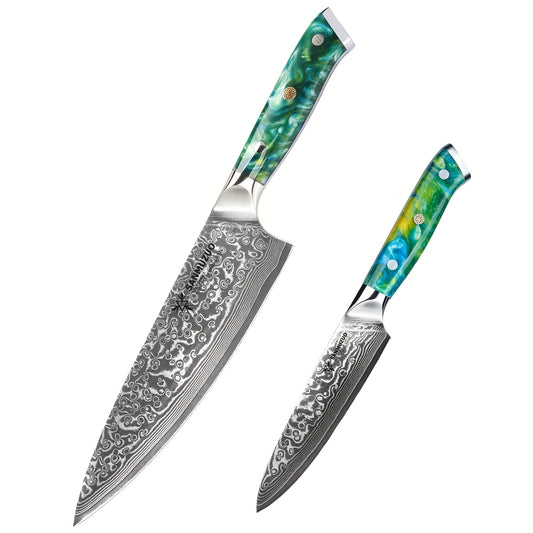Koksmes – Keukenmes – Chefmes – Schilmes – Universeel Mes – VG10 Damascus Staal – Niet-Getand – Resin Handvat – 2-delige Set – Professioneel
