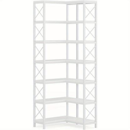 Hoekboekenkast – Hoekrek – Boekenplank – Opbergkast – Vakkenkast – Industrieel Design – 7-laags – Stevig Metalen Frame – Wit – 69 cm Hoog – Max. 22,68 kg Belastbaar Per Plank