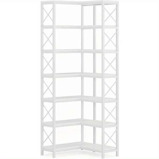Hoekboekenkast – Hoekrek – Boekenplank – Opbergkast – Vakkenkast – Industrieel Design – 7-laags – Stevig Metalen Frame – Wit – 69 cm Hoog – Max. 22,68 kg Belastbaar Per Plank