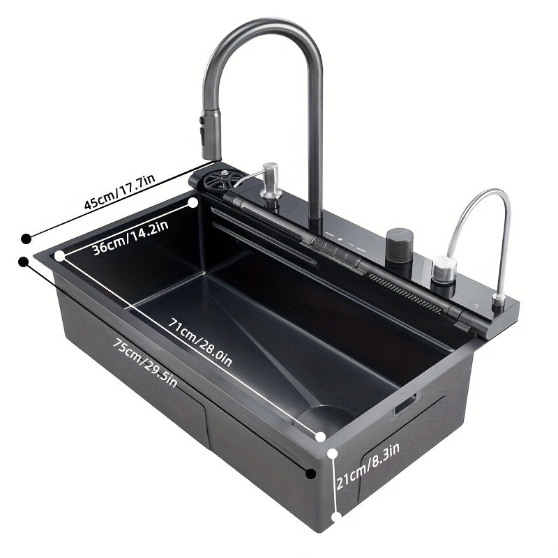 Keukenspoelbak – Spoelbak – Gootsteen – Wasbak – Spoelbakken – Roestvrij Staal – 75x45 cm – Undermount – Watervalkraan – Uittrekbare Sproeikop – Slimme Display – Bekerhouder – Compleet Accessoireset