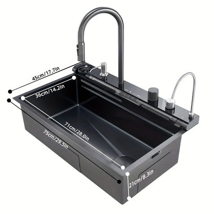 Keukenspoelbak – Spoelbak – Gootsteen – Wasbak – Spoelbakken – Roestvrij Staal – 75x45 cm – Undermount – Watervalkraan – Uittrekbare Sproeikop – Slimme Display – Bekerhouder – Compleet Accessoireset
