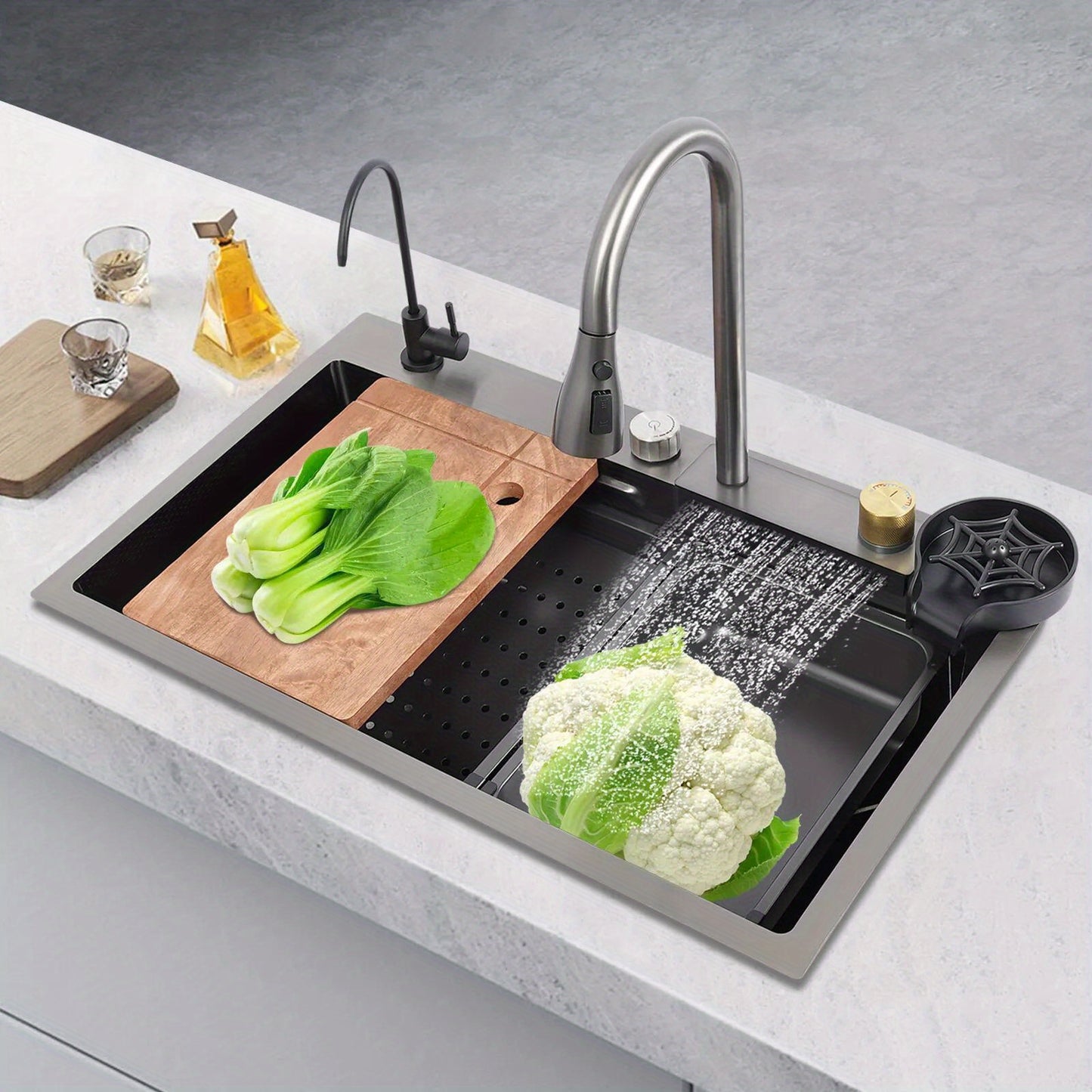Keukenspoelbak – Gootsteen – Wasbak – Spoelbak – Enkele Spoelbak – RVS – Matzwart – Groot Enkelvoudig Bassin 75x45 cm – Inclusief Afdruipblad en Uittrekbare Kraan