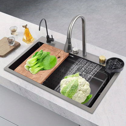 Keukenspoelbak – Gootsteen – Wasbak – Spoelbak – Enkele Spoelbak – RVS – Matzwart – Groot Enkelvoudig Bassin 75x45 cm – Inclusief Afdruipblad en Uittrekbare Kraan