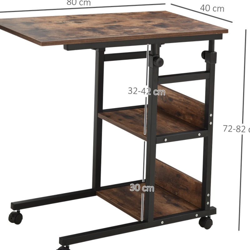 Zijtafel – Bijzettafel – Salontafel – Verstelbare Tafel – Wieltjes Tafel – Metalen Constructie – Verstelbare Hoogte 80x40x72,8 cm – Twee Planken – Bruin