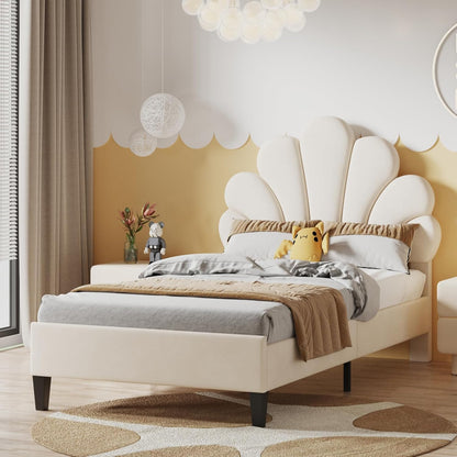 Bedframe – Eenvoudig Bed – Universeel Bedframe – Gestoffeerd Bed – Houten Bedframe – 90x200 cm – Fluwelen Bloemvormig Hoofdbord – Comfortabel En Warm – Beige