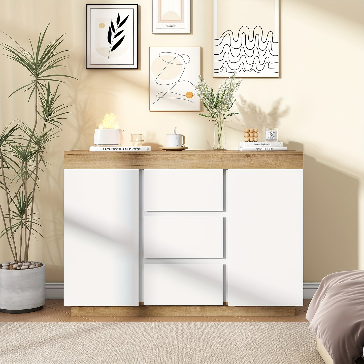 Ladekast – Commodes – Opbergkast – Dressoir – Ladenkast – Wit + Eiken – 3 Laden en 2 Deuren – Bamboe Materiaal & Minstens 68,58 cm Hoogte