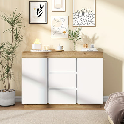 Ladekast – Commodes – Opbergkast – Dressoir – Ladenkast – Wit + Eiken – 3 Laden en 2 Deuren – Bamboe Materiaal & Minstens 68,58 cm Hoogte
