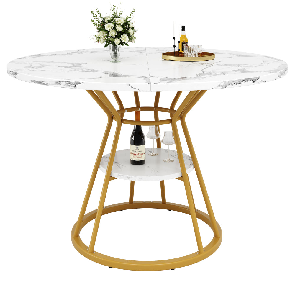 Eettafel – Eetkamertafel – Keukentafel – Ronde Tafel – Ontbijttafel – Rond Marmerprint Wit Blad – Gouden Metalen Poten – Ruimtebesparend – Duurzaam MDF & Metaal