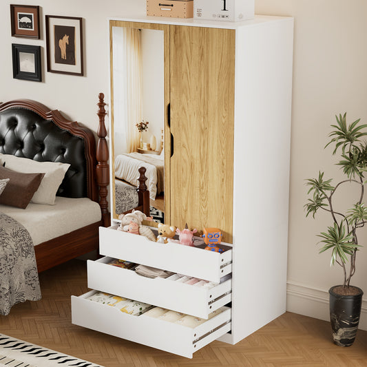 White Double-door Wardrobe with Mirror | Modern Style Bedroom Wardrobe with 3 Drawers, Suitable for Bedroom, Walk-in Closet, Hallway, Size 180 x 80 x 50 cm, Made of Artificial Board and Hardwood